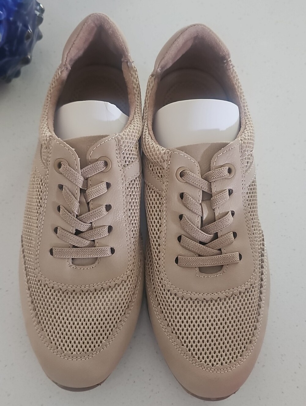 Kelly & Katie Light Beige/Gold Mesh Lace-Up Sneakers. Comfortable and Stylish!